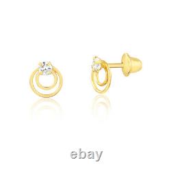 18k Solid Gold Double Circle Zircon Push Back Stud Earrings for Infants Toddlers
