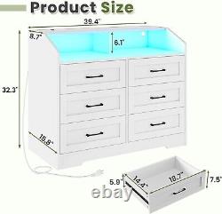 6 Drawer Dresser with LED Lights &Charging Station, Large Storage Cabinet(White)