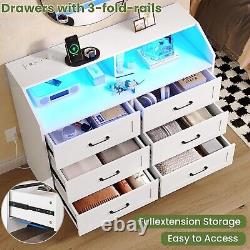 6 Drawer Dresser with LED Lights &Charging Station, Large Storage Cabinet(White)