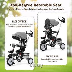 6-In-1 Baby Stroller Toddler Tricycle Detachable Push Car Bike with Canopy Gray