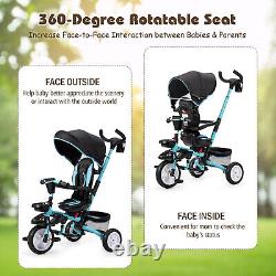 6-In-1 Kids Baby Stroller Tricycle Detachable Learning Toy Bike with Canopy Blue