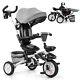 6-in-1 Kids Baby Stroller Tricycle Detachable Learning Toy Bike With Canopy Gray