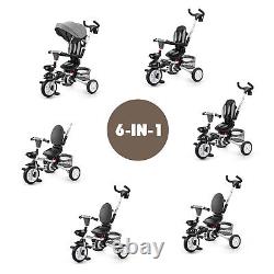 6-In-1 Kids Baby Stroller Tricycle Detachable Learning Toy Bike with Canopy Gray