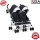 Children Double Stroller Side By Side With 2 Large Canopies Safety Harness Travel