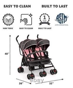 Dream On Me Volgo Twin Umbrella Stroller in Pink, Lightweight Double Stroller