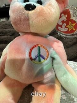 Extremely Rare Ty Peace Bear Beanie Baby 1996- Double Tush Tag! Mint