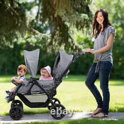 Foldable Double Baby Stroller Lightweight Front & Back Seats Pushchair Gray