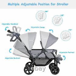 Foldable Double Baby Stroller Lightweight Front & Back Seats Pushchair Gray