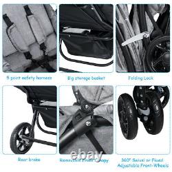 Foldable Double Baby Stroller Lightweight Front & Back Seats Pushchair Gray