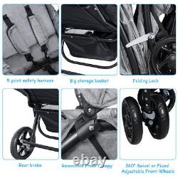 Foldable Double Baby Stroller Lightweight Front & Back Seats Pushchair Gray