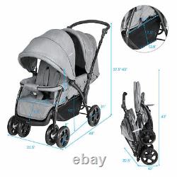 Foldable Double Baby Stroller Lightweight Front & Back Seats Pushchair Gray