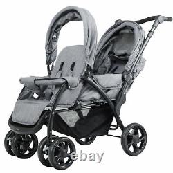 Foldable Double Baby Stroller Lightweight Front & Back Seats Pushchair Gray