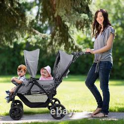 Folding Double Baby Stroller Stand On Front & Back Seats Infant Pushchair Gray