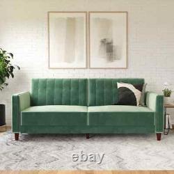Forest Green Velvet Futon and Sofabed, Pin Tufted Green Velvet Sofa Living Room