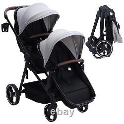 GAOMON double pram rail tandem pram, large storage basket and canopy, light grey