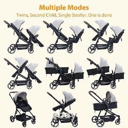 GAOMON double pram rail tandem pram, large storage basket and canopy, light grey