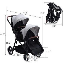 GAOMON double pram rail tandem pram, large storage basket and canopy, light grey