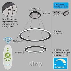 Modern LED Strip Chandelier 2-Ring DIMMABLE Hanging Ceiling Light Remote Black