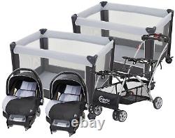 Cadre de poussette double pour nouveau-né avec 2 sièges d'auto, 2 parcs pour jumeaux portables