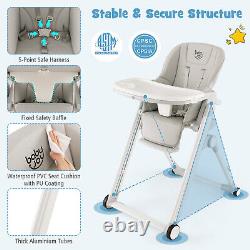 Chaise pour bébé pliable à angle et hauteur réglables avec double plateaux amovibles - Gris clair