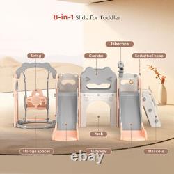 Grand ensemble de jeu pour tout-petits 8 en 1 avec double toboggan et balançoire, tunnel d'observation, télescope et panier, pour intérieur et extérieur.