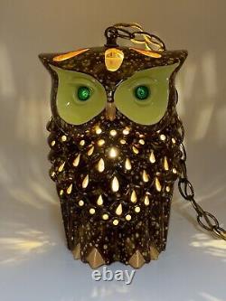 Lampe de style hibou vintage avec pendentif en céramique MCM, yeux illuminés et chandelier à double face