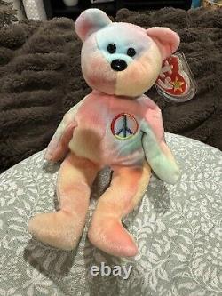 Ourson Ty Peace Beanie Baby 1996 extrêmement rare - Double étiquette de fesses! Menthe