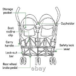 Poussette double côte à côte pliante 3Dlite légère avec harnais de sécurité à 5 points
