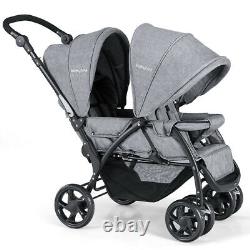 Poussette double pliable avec siège avant et arrière pour bébé en bas âge, couleur grise.