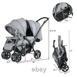 Poussette double pliable avec siège avant et arrière pour bébé en bas âge, couleur grise.