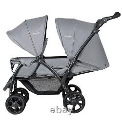 Poussette double pliable avec siège avant et arrière pour bébé en bas âge, couleur grise.