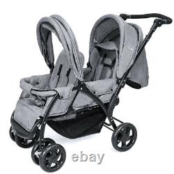 Poussette double pliable avec siège avant et arrière pour bébé en bas âge, couleur grise.