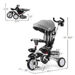 Poussette pour bébé 6-en-1 Tricycle pour tout-petits Détachable Voiture à pousser Vélo avec auvent Gris