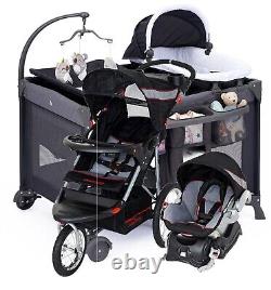Poussette pour bébé avec siège de voiture, combo parc de jeu et ensemble de système de voyage avec grand panier de rangement.