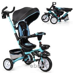 Poussette tricycle pour enfants 6 en 1 avec jouet amovible et auvent bleu