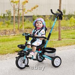 Poussette tricycle pour enfants 6 en 1 avec jouet amovible et auvent bleu