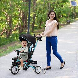 Poussette tricycle pour enfants 6 en 1 avec jouet amovible et auvent bleu