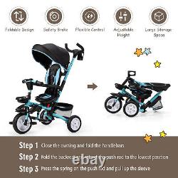 Poussette tricycle pour enfants 6 en 1 avec jouet amovible et auvent bleu