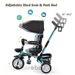 Poussette tricycle pour enfants 6 en 1 avec jouet amovible et auvent bleu