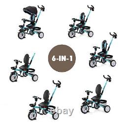 Poussette tricycle pour enfants 6 en 1 avec jouet amovible et auvent bleu