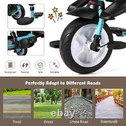 Poussette tricycle pour enfants 6 en 1 avec jouet amovible et auvent bleu