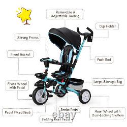 Poussette tricycle pour enfants 6 en 1 avec jouet amovible et auvent bleu