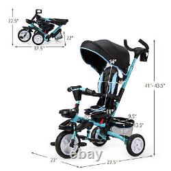 Poussette tricycle pour enfants 6 en 1 avec jouet amovible et auvent bleu